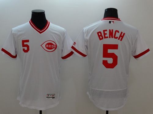 Reds #5 Johnny Bench White Flexbase Authentic Collection Cooperstown Stitched MLB Jersey - Click Image to Close